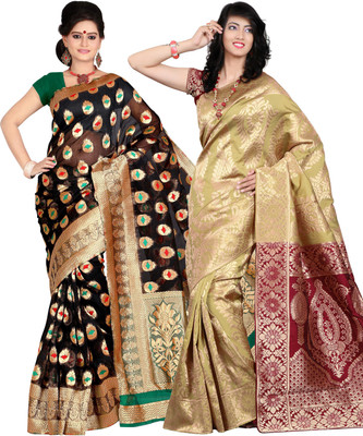 

It's Banii Woven Banarasi Handloom Banarasi Silk Saree(Pack of 2, Black, Yellow)