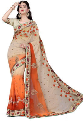 

Asha Fashion Embroidered Fashion Georgette Saree(Orange), Orange;white