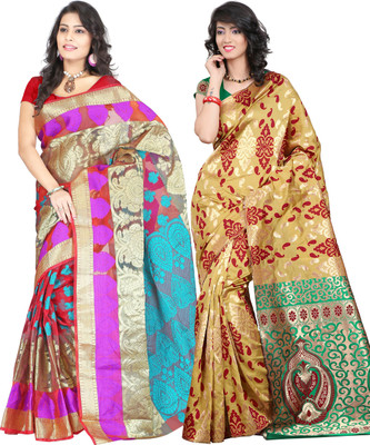 

It's Banii Woven Banarasi Handloom Banarasi Silk Saree(Pack of 2, Blue, Yellow)