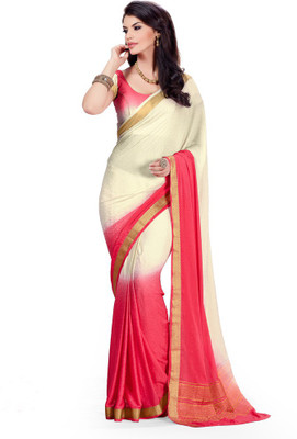 

Ashika Printed Fashion Crepe Saree(White), Off white;deep pink
