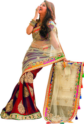 Saumya Designer Embroidered Fashion Net, Georgette Saree(Beige, Red)