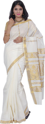 

Fashionkiosks Solid Fashion Handloom Cotton Saree(White), White gold