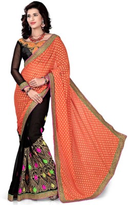 

Khoobee Self Design, Embroidered Fashion Chiffon Saree(Orange, Black), Black;orange