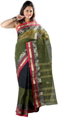 

Hawai Solid Tant Cotton Saree(Green, Black), Black;green