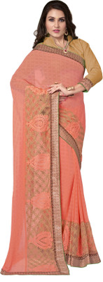 

Khoobee Self Design, Embroidered Fashion Chiffon, Jacquard Saree(Orange)