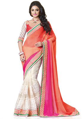 

Saara Self Design, Solid Fashion Georgette Saree(White, Pink), Pink;white