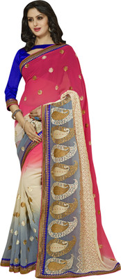 

Khushali Embellished, Embroidered, Self Design Fashion Georgette Saree(Pink, White, Grey), Cream;grey;pink
