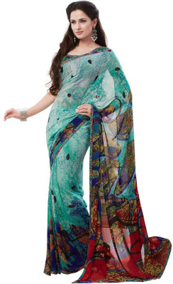 

Cenizas Floral Print Fashion Chiffon Saree(Green)