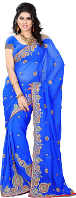 

JTInternational Embroidered Fashion Handloom Georgette Saree(Multicolor), Light blue