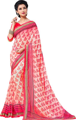 

Brijraj Printed Fashion Georgette Saree(White, Pink), Pink;white