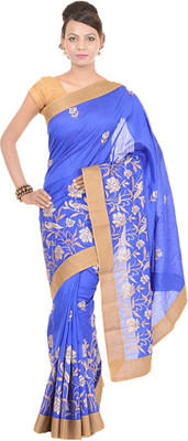 

Kdc Sarees Embroidered Banarasi Handloom Tussar Silk Saree(Blue)