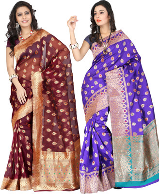 

It's Banii Woven Banarasi Handloom Silk Saree(Pack of 2, Maroon, Blue), Blue;maroon