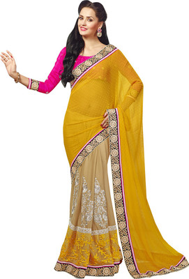 

Ishin Embroidered Fashion Georgette Saree(Yellow), Yellow & beige