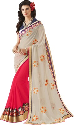 

Khushali Self Design, Embroidered, Embellished Fashion Georgette Saree(Beige, Pink, Blue), Beige;blue;pink