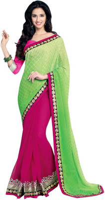 

Desi Butik Embroidered Fashion Georgette Saree(Green, Pink), Yellow green and pink