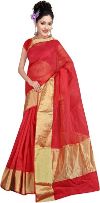 Stylish Sarees Solid/Plain Banarasi Cotton Linen Saree(Red)