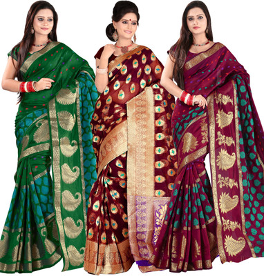 

It's Banii Woven Banarasi Handloom Banarasi Silk Saree(Pack of 3, Green, Maroon, Maroon)