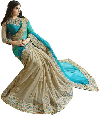 

SRK Embroidered Bollywood Shimmer Fabric Saree(Beige), Light blue