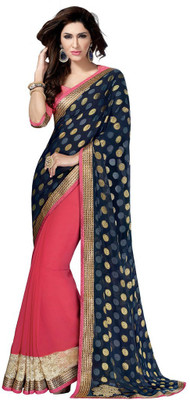 

Desi Butik Embroidered Fashion Georgette Saree(Orange, Blue), Light coral and blue
