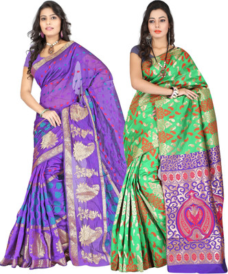 

It's Banii Woven Banarasi Handloom Banarasi Silk Saree(Pack of 2, Purple, Green), Light green;purple