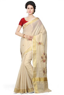 Fashionkiosks Self Design Mundum Neriyathum Cotton Blend Saree(Multicolor)