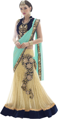 

Jiya Self Design, Embroidered, Embellished Fashion Net Saree(Beige, Light Blue)