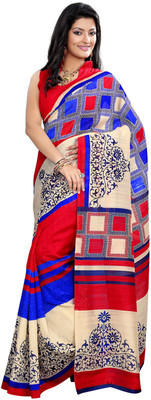 

JTInternational Printed Bhagalpuri Silk Saree(Beige, Red)