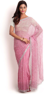 

Kasturi-B Swadeshi Karigari Embellished Leheria Georgette Saree(White, Pink, Pink;white