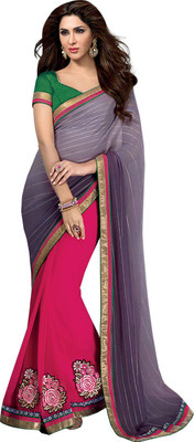 

Helixenterprise Embroidered Fashion Handloom Georgette Saree(Purple), Pink:purple