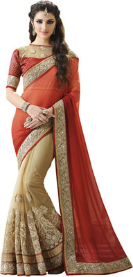 

Saara Embroidered Fashion Georgette Saree(Orange, Beige)