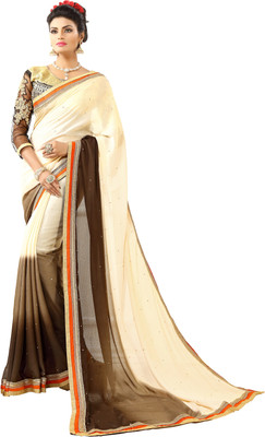 

Jiya Self Design, Embellished Fashion Chiffon Saree(White, Brown), Brown;white