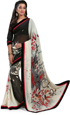

Indianbeauty Self Design, Printed Bollywood Pure Georgette Saree(Black, White)