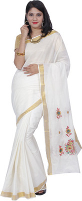 

Fashionkiosks Embroidered Fashion Handloom Cotton Saree(White), White gold