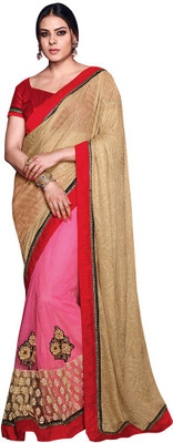 

Desi Butik Embroidered Fashion Net, Lycra Saree(Pink, Beige), Pink and beige