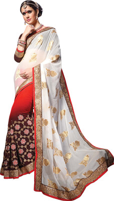 

Khoobee Self Design, Embroidered, Embellished Fashion Georgette, Viscose Saree(White, Brown, Red), Brown;red;white