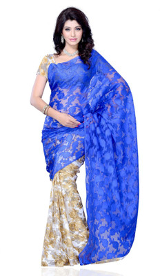 

JTInternational Self Design Fashion Jacquard, Georgette Saree(Blue, Beige), Beige;blue