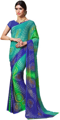 Design Willa Geometric Print Bandhani Chiffon Saree(Blue, Green) Flipkart