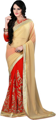 

Jiya Self Design, Embroidered Fashion Georgette Saree(Beige, Red)