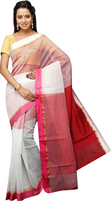 

Pavechas Solid Banarasi Silk Cotton Blend Saree(White, Maroon), Maroon;white