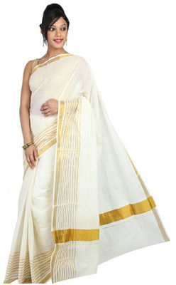 Selvamani Tex Solid/Plain Mundum Neriyathum Handloom Cotton Blend Saree(Gold)