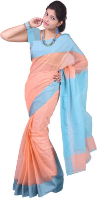 

Mimosa Solid Kanjivaram Handloom Cotton Saree(Orange), Peach border blue