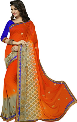 

Khoobee Embellished, Embroidered, Self Design Fashion Georgette Saree(Orange, Grey)