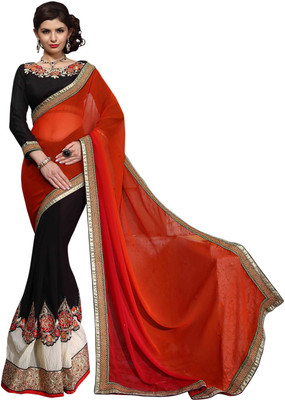 

Jiya Self Design, Embroidered, Embellished Fashion Georgette Saree(Red, Orange, Black), Black;orange;red