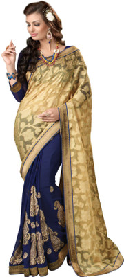 

Khoobee Self Design, Embroidered, Embellished Fashion Georgette, Chiffon, Net, Jacquard Saree(Beige, Dark Blue)