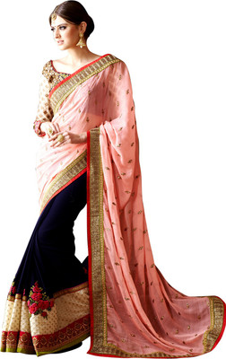 

Saara Embroidered Fashion Georgette Saree(Blue), Peach and blue
