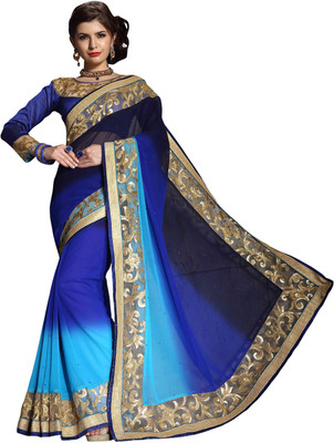 Khushali Self Design, Embroidered, Embellished Fashion Georgette Saree(Dark Blue)
