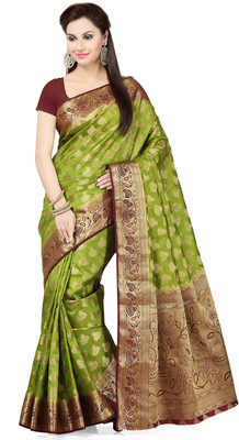 

Ishin Woven Fashion Tussar Silk Saree(Green), Green & golden
