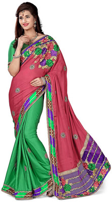 

Khushali Self Design, Embroidered, Embellished Fashion Dupion Silk, Crepe Saree(Pink, Green), Green;pink