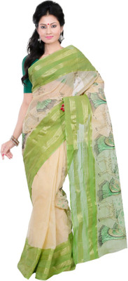 

Crochetin Self Design Fashion Cotton Saree(White, Green), Green;white