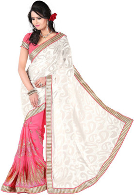 

Khushali Embroidered Fashion Georgette Saree(Pink, White), Off white;pink